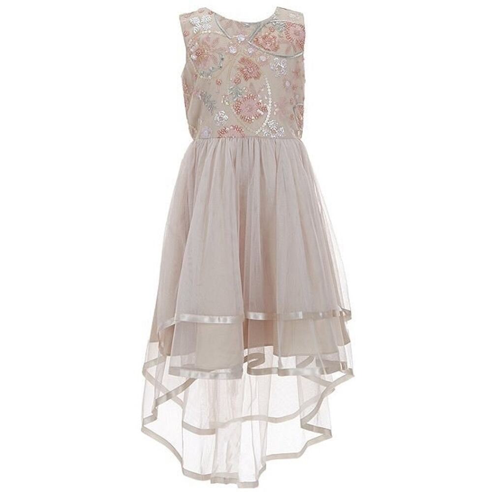 NWT Rare Editions Embroidered Beige Champagne and Pink Hi Low Formal Dress